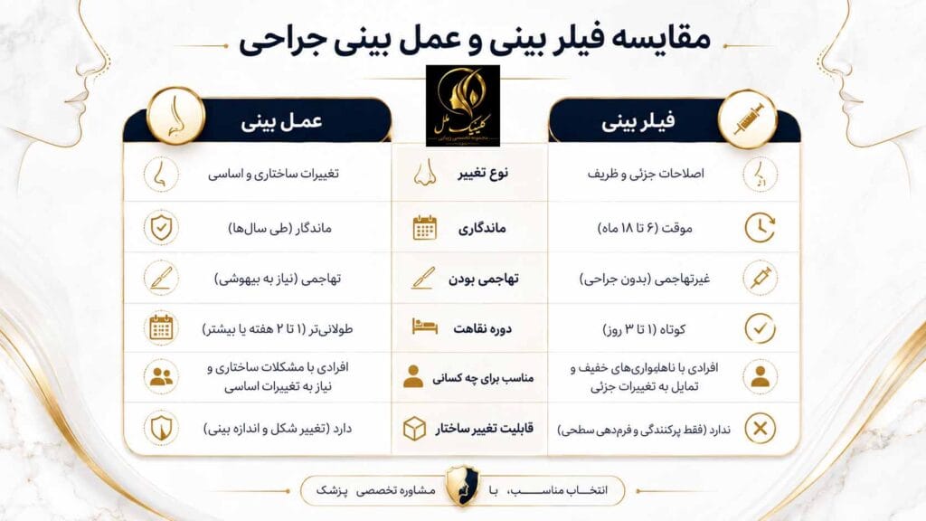 جدول مقایسه فیلر بینی و عمل بینی