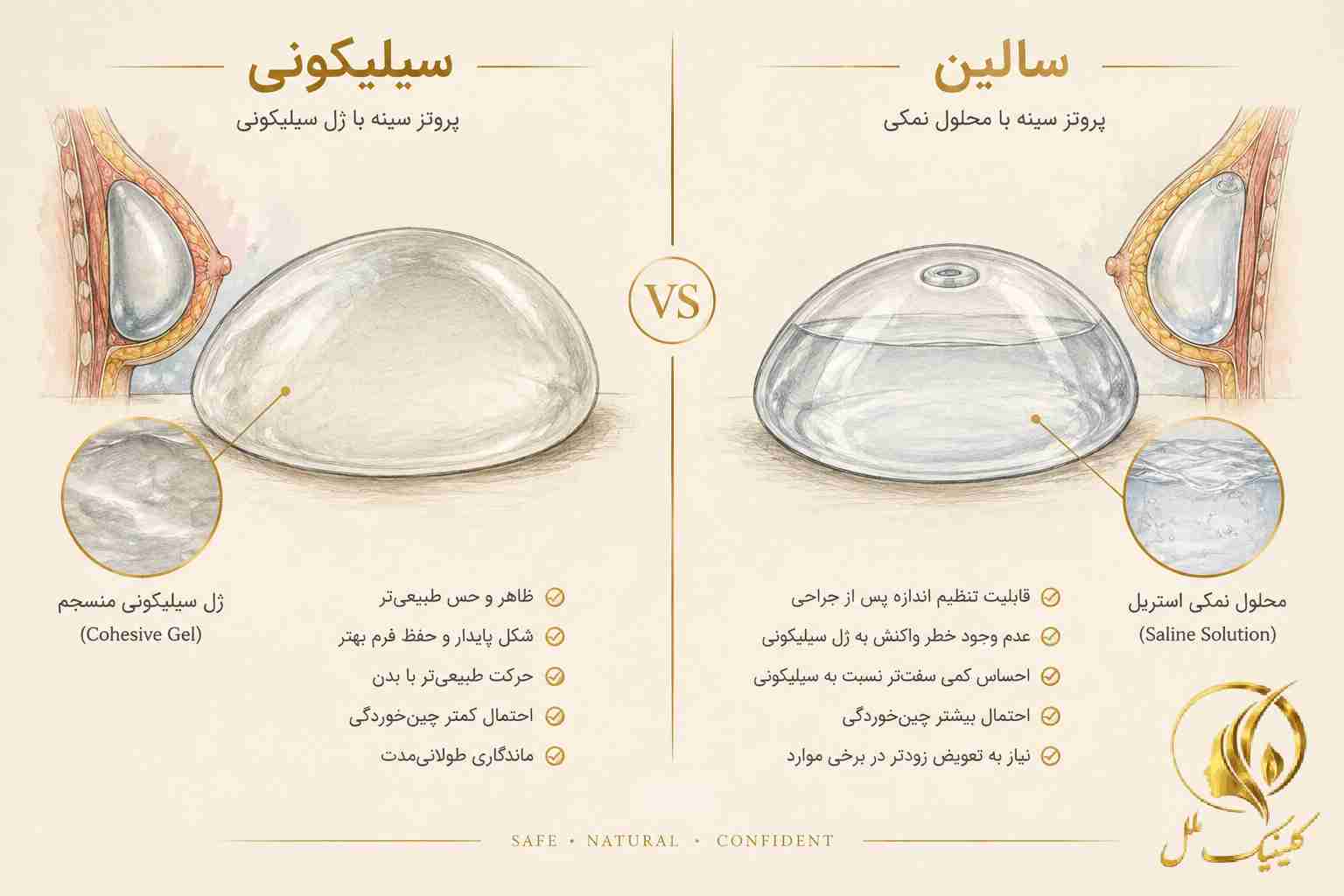 پروتز سینه چیست؟ راهنمای کامل انواع، روش عمل، هزینه و عوارض مقایسه پروتز سیلیکونی و سالین
