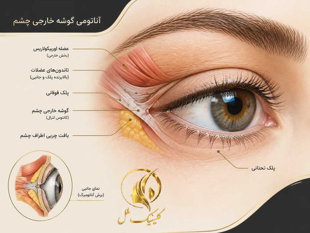 تصویر آموزشی آناتومی گوشه خارجی چشم و محل اتصال پلک&zwnj;ها