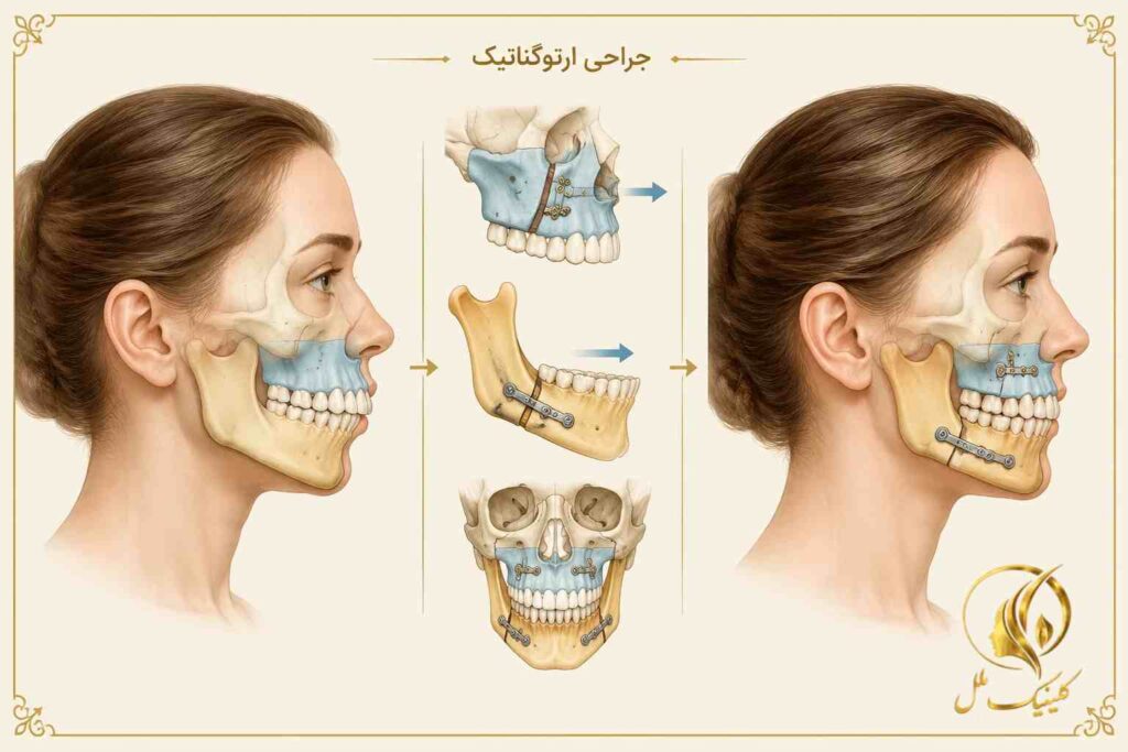 difference-genioplasty-jaw-surgery-03 نمای شماتیک اصلاح موقعیت فک بالا و پایین در جراحی ارتوگناتیک