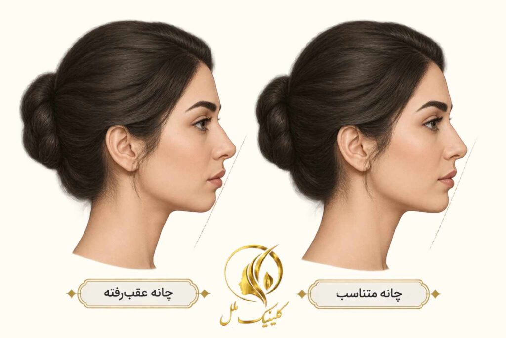 مقایسه شماتیک موقعیت چانه عقب&zwnj;رفته و چانه متناسب در نمای نیم&zwnj;رخ
