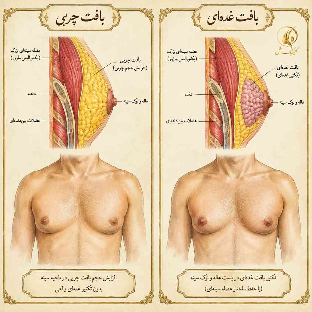 مقایسه شماتیک رشد غده و بزرگی سینه ناشی از چربی