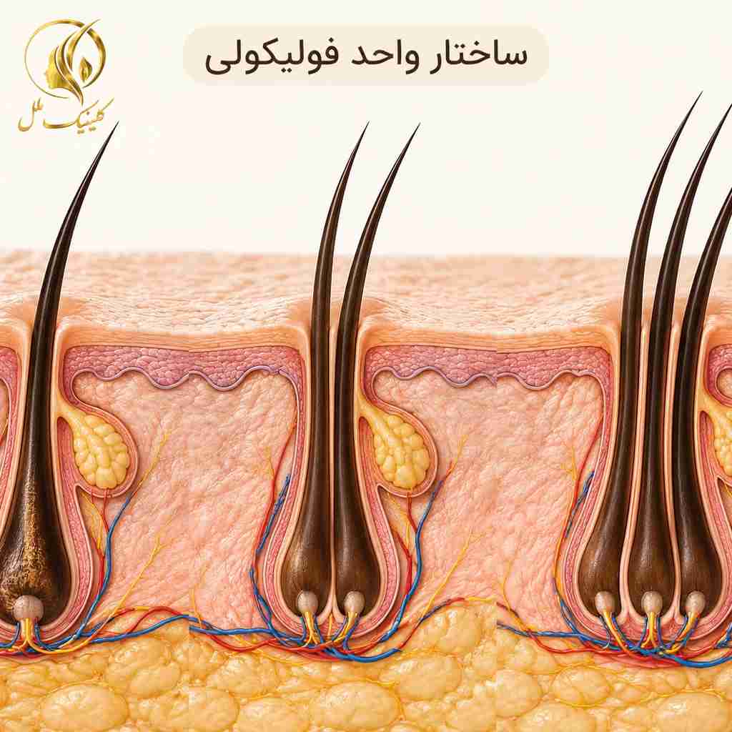 نمای شماتیک واحد فولیکولی مو و تفاوت تعداد تارهای مو در هر گرافت