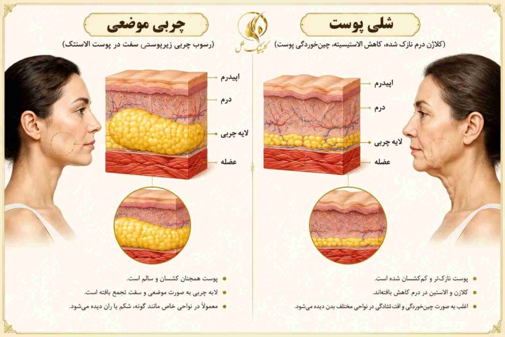 نمای آموزشی تفاوت چربی موضعی و شلی پوست در پیکرتراشی
