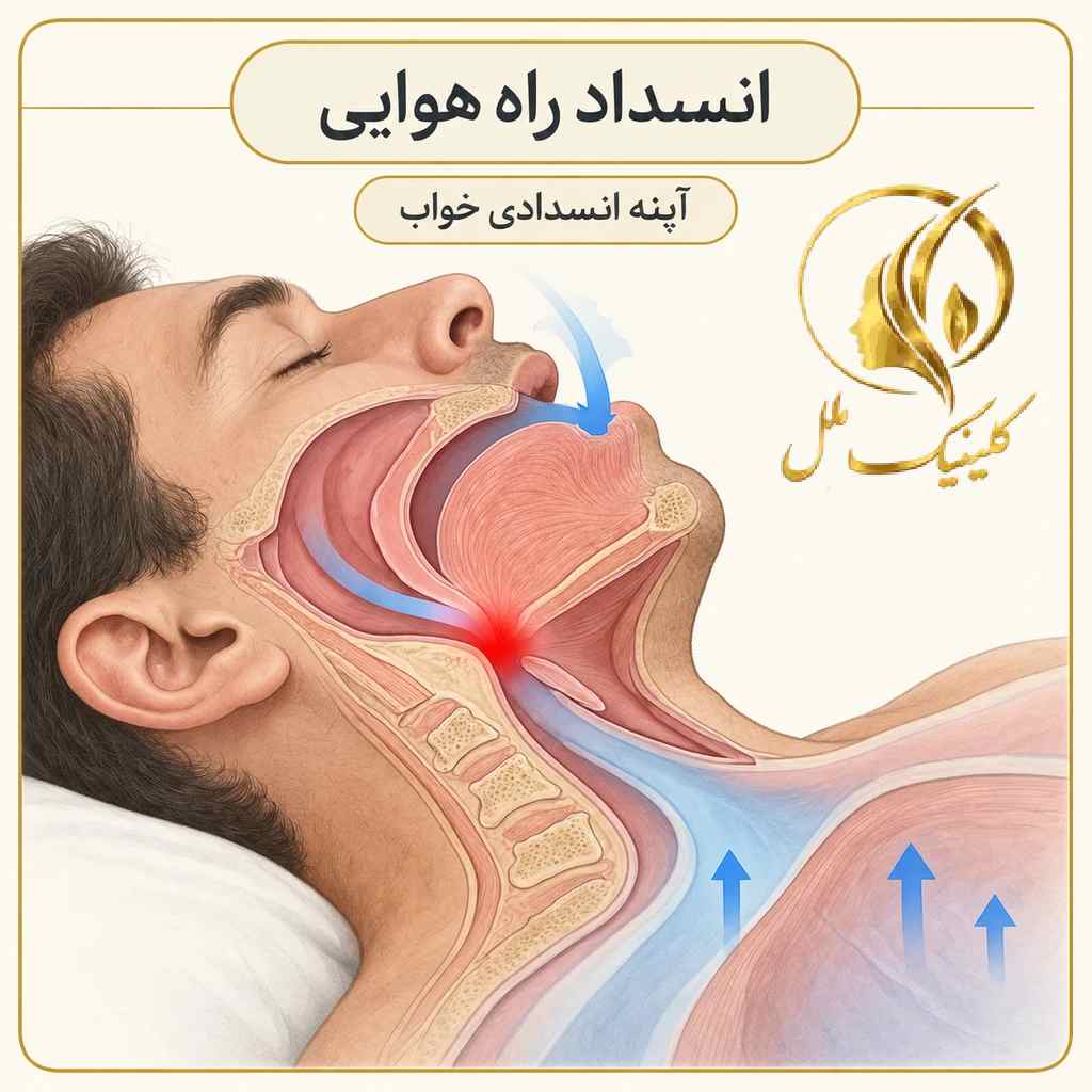 نمای شماتیک انسداد راه هوایی فوقانی در آپنه انسدادی خواب